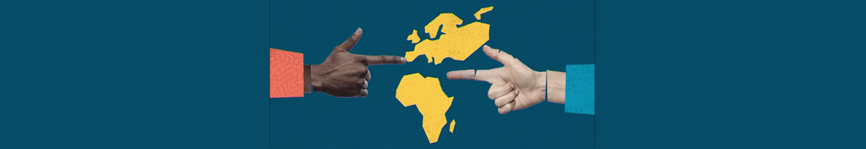 Decoratieve afbeelding van twee handen die naar ruimte tussen de EU en Afrikaanse continent wijzen